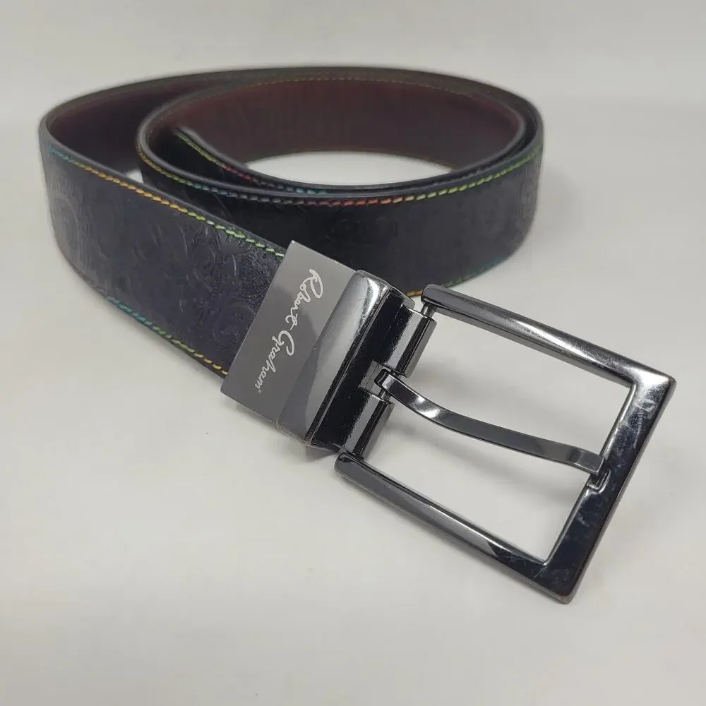 Robert Graham Belt 34 Black Leather Reversible‎ Paisley Dress Colorful Stitching